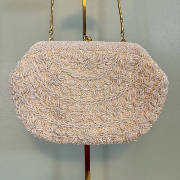 Vintage Beaded Clutch Shoulder Bag Evening Handbag Purse Sequin Elegant Cream - Picture 4 of 11